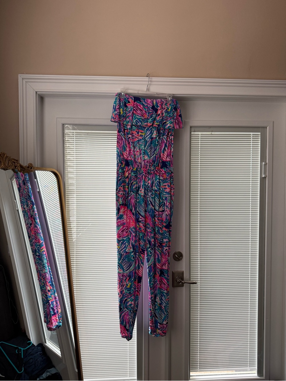 Lilly Pulitzer Off-Shoulder Tropical Leaf Print Jumpsuit in Pink & Teal